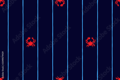 Summer seamless pattern with red crabs and blue stripes on a dark blue background. Hand drawn vector illustration.