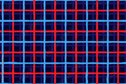 Dark blue and red irregular hand drawn trendy check seamless pattern with layered effect. Vector background illustration.