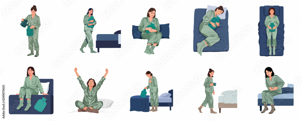 Fototapeta premium Woman experiencing menstrual cramps and period pain vector illustration set. Girl in pajamas using hot water bottle for abdominal pain relief in various poses.