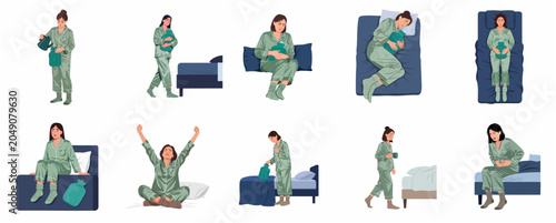 Slika na platnu Woman experiencing menstrual cramps and period pain vector illustration set