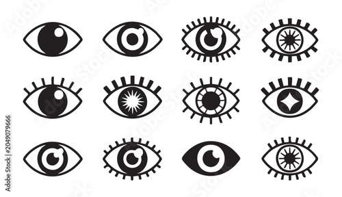 Canvas Print Set of human eye icons representing vision and perception isolated on dark transparent background