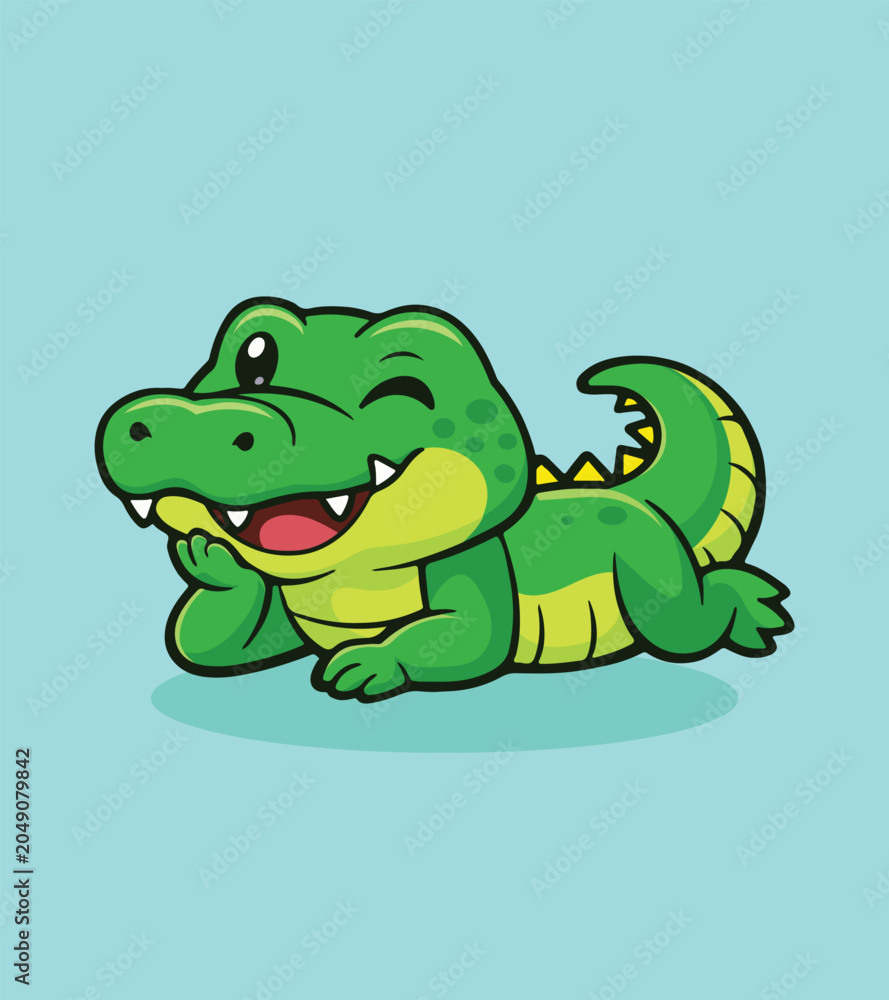 Obraz premium Playful crocodile on mint green alligator, crocodile, cartoon cute, mascot, funny, animal cute, dinosaur, cartoon logo, lizard, cute dinosaur, cartoon, cartoon design, animal character, creature, mon