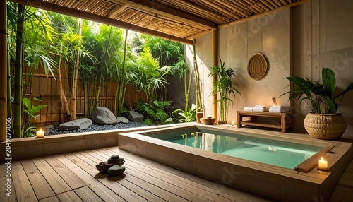 Serene spa setting with pool, lush greenery, and bamboo structure
