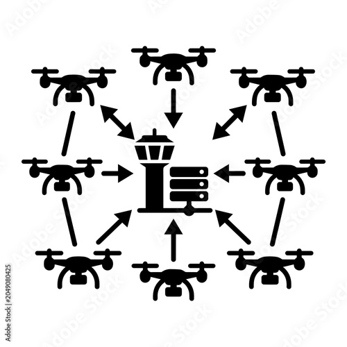 Foto Drone fleet data centralization communication icon with centralized, management