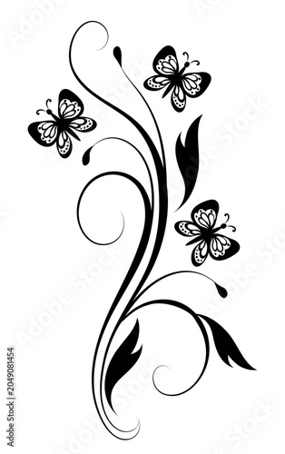 Floral ornament with butterflies and decorative foliage vintage. Graceful element for decor.