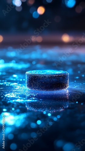 Ice hockey puck closeup with blue frozen surface photo