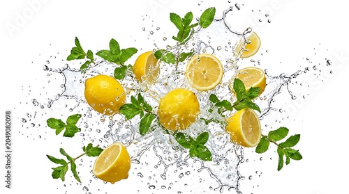 Fresh yellow lemons with green leaves on white marble background still life