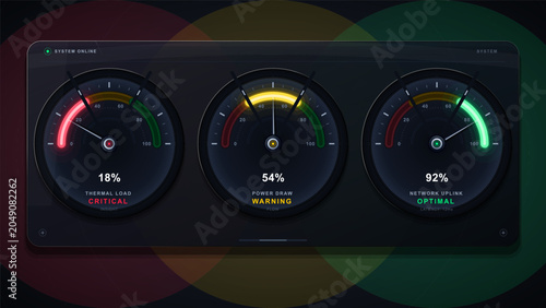 Foto System status display showing thermal load, power draw, and network uplink durin