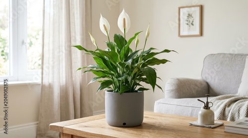 Peace Lily Houseplant with White Flowers in Bright Living Room