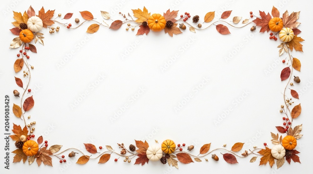 Fototapeta premium Thanksgiving frame autumn leaves pumpkins and berries border for holiday design