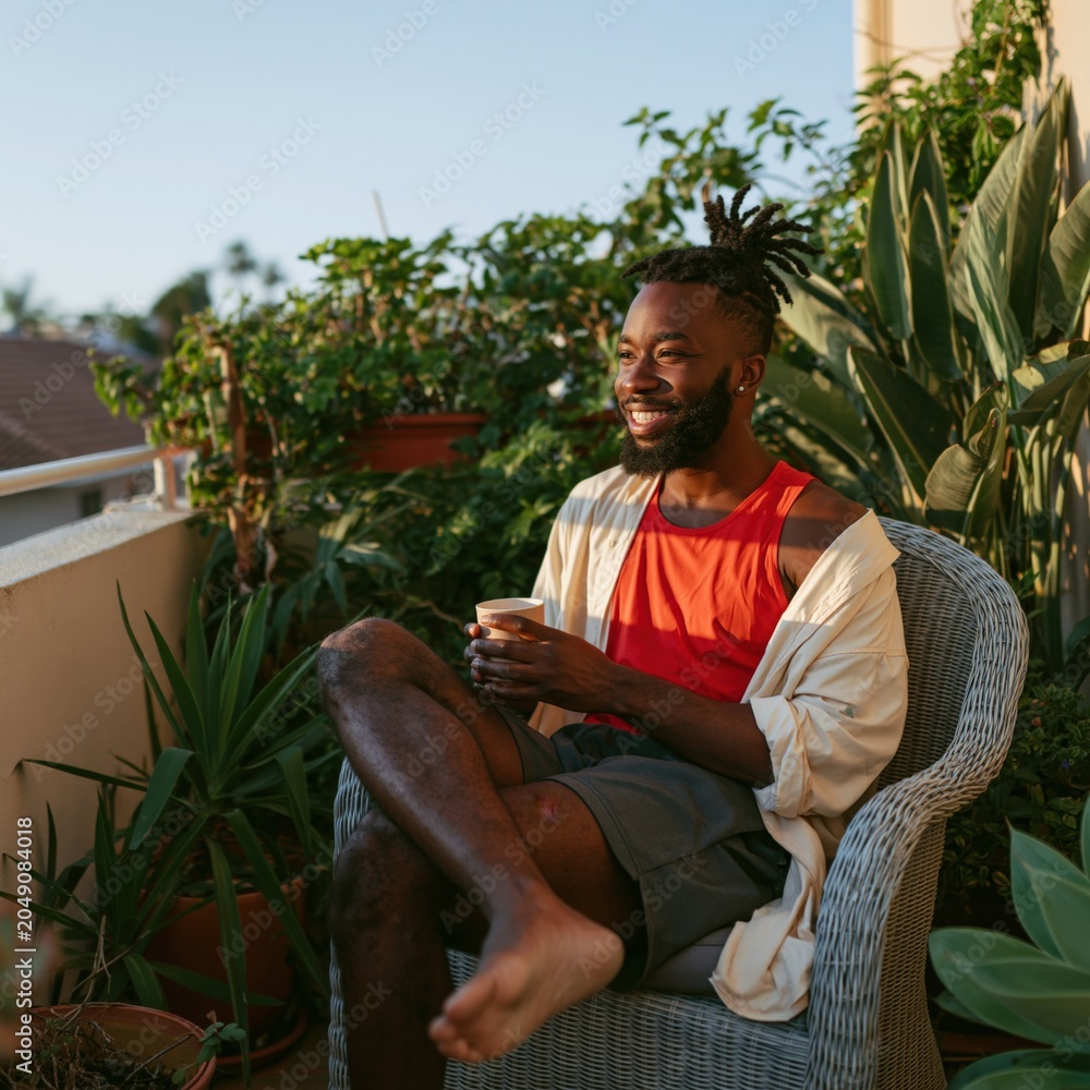 Fototapeta premium Man enjoying golden hour on a plant-filled balcony with a warm coffee cup for relaxed lifestyle background and morning wellness banner