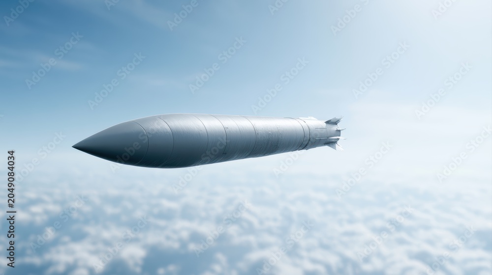 Naklejka premium Guided tomahawk missile flying through bright sky, aerospace defense technology, military engineering, modern warfare visualization