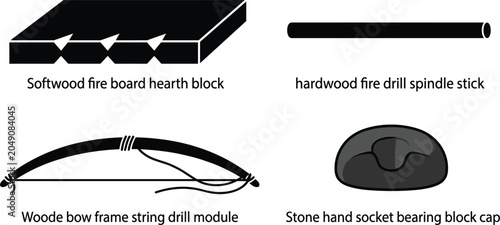 Bild auf Leinwand Ancient Primitive Fire Making Tool Kit Icon Set with Bow Frame Drill Spindle Sof
