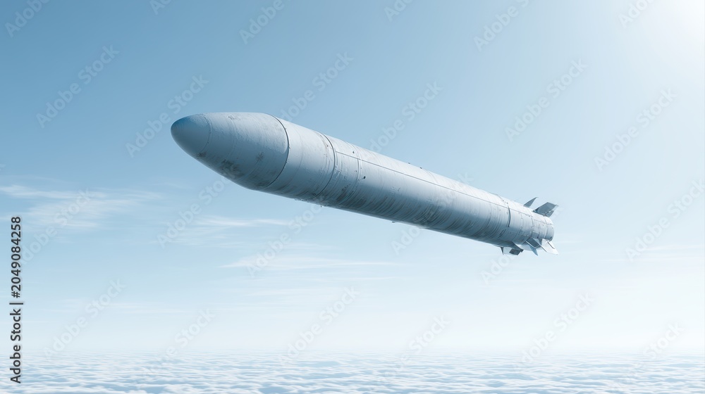 Naklejka premium Guided tomahawk missile flying through bright sky, aerospace defense technology, military engineering, modern warfare visualization