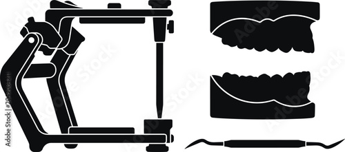 Fotografie Dental Laboratory Equipment Icon Set with Plaster Jaw Cast Model Articulator Mac