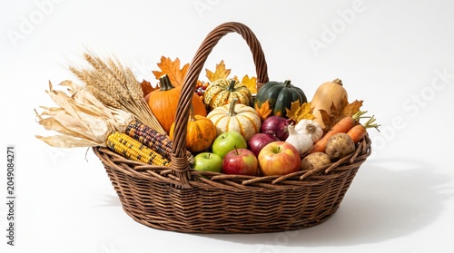 Thanksgiving harvest basket with pumpkins apples and autumn produce