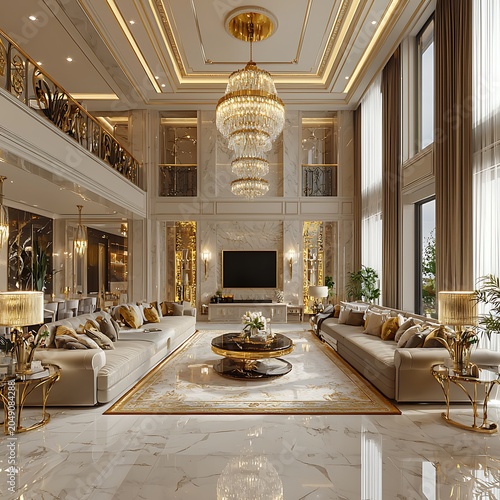 Luxury classic living room with chandelier and marble flooring image