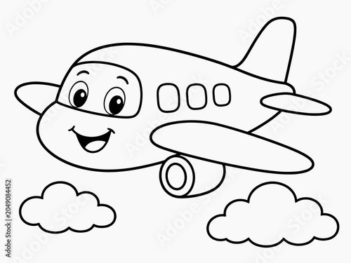Cheerful cartoon airplane with a smiling face flying through fluffy clouds, illustrated as a black and white outline coloring page for kids. Ideal for travel-themed worksheets.