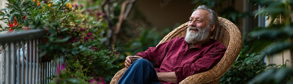 Obraz premium Bearded man seated in wicker chair on balcony surrounded by plants for cozy outdoor background and relaxation banner