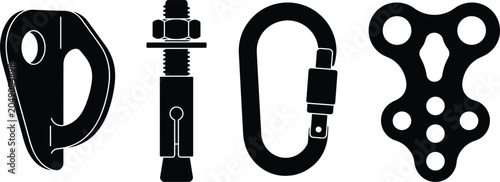 Billede på lærred Rock Climbing Anchors and Rigging Hardware Icon Set with Bolt Hanger Expansion A