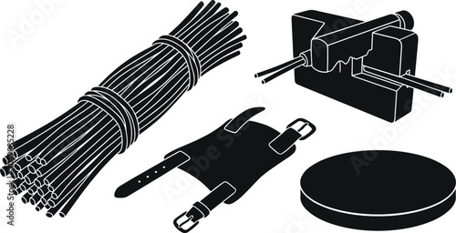 Obraz na płótnie Traditional Japanese Bamboo Basketry Tool Set with Raw Splints Splitter Machine