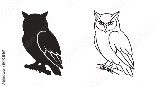 Cuadro en lienzo Owl Silhouette And Outline Drawing On White Background