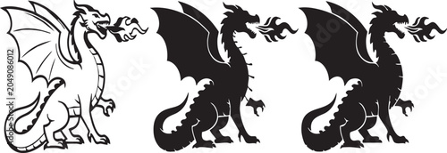 Foto Set of three dragon silhouettes, vector illustration of mythical firebreathing c