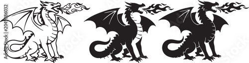 Foto Set of three black and white dragon silhouettes breathing fire