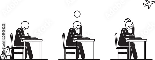 Foto Stick figure student studying and getting distracted by an airplane