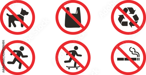 Tableau sur toile Set of prohibition signs, no dogs, no plastic bags, no recycling, no running, no