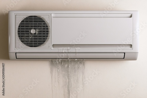 Water leaks from air conditioning unit on wall during summer heat in a residential room in the afternoon hours