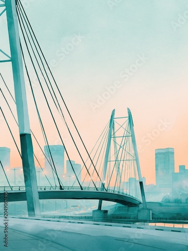 Modern Cable Stayed Bridge with Urban Skyline at Dawn Watercolor Cityscape Illustration