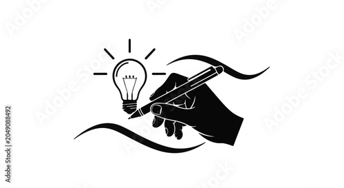 Hand holding a pen next to an illuminated light bulb, symbolizing creative writing.