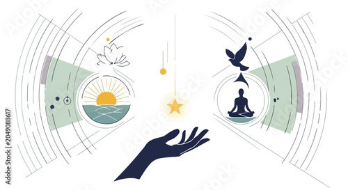 Conceptual illustration showcases a single hand holding a star, surrounded by various.