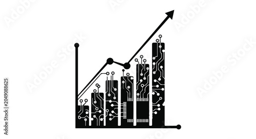 Bar chart with circuit board pattern and an upward trend line depicts technological.
