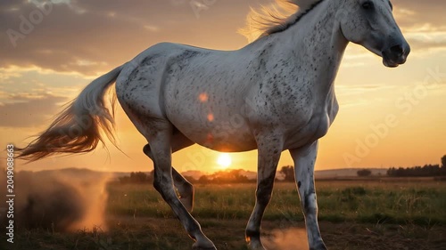 White Horse Running at Sunset