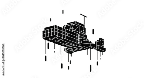 Pixelated helicopter outline with dripping black squares creates a unique glitch art.
