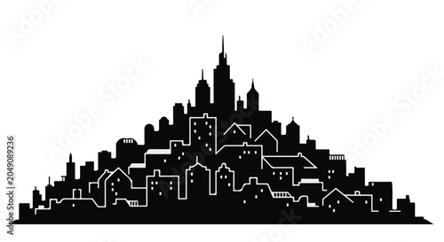 Black silhouette of a modern city skyline with various buildings on a white background.