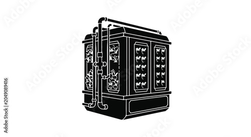 Industrial chiller unit illustration with piping and ventilation details on a white.