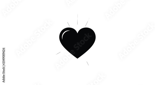 Black heart with subtle glowing lines radiating from its center on a white background.