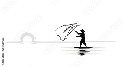 Fisherman in a hat casting a net with a dolphin silhouette in the background.