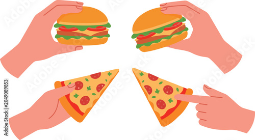 Vector illustration of cartoon hands holding burgers and pizza slices representing fast food, casual dining, and lifestyle themes