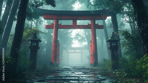 Mystic japanese torii gate in foggy forest pathway scene image
