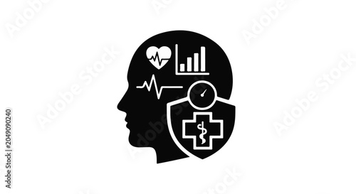 Human head profile with health and data icons represents mental well-being.