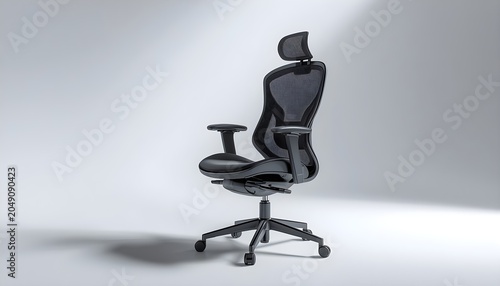 Modern Black Ergonomic Office Chair with Mesh Back and Headrest in a Clean Studio Background