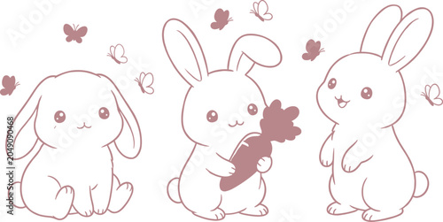 Konstfotografi Vector illustration of cute cartoon rabbits with carrot and butterflies represen