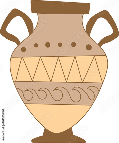 Broken ancient Greek ceramic vase or amphora with a crack. Isolated on a white background, the antique vessel features traditional geometric meander and wave ornaments, high handles, and a pedestal.