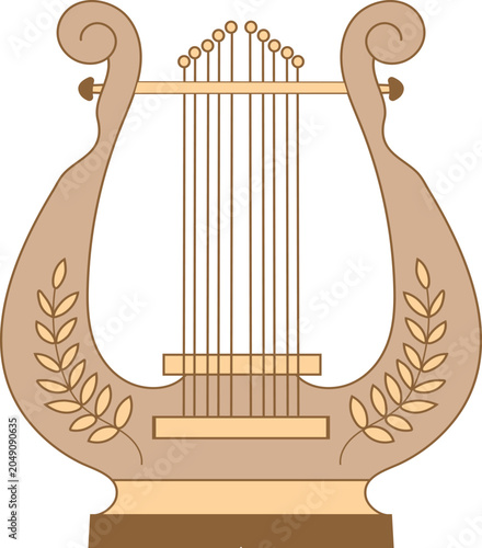 ancient Greek lyre or harp string musical instrument. Isolated on a white background, the antique classical instrument features symmetrical wooden frames decorated with laurel branch ornaments. Perfec