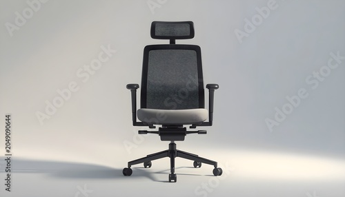Modern Ergonomic Office Chair with Mesh Back and Headrest in a Minimalist Studio Setting