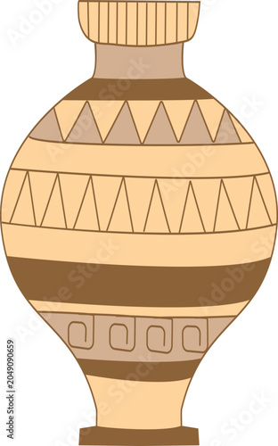 Broken ancient Greek ceramic vase or amphora with a crack. Isolated on a white background, the antique vessel features traditional geometric meander and wave ornaments, high handles, and a pedestal.